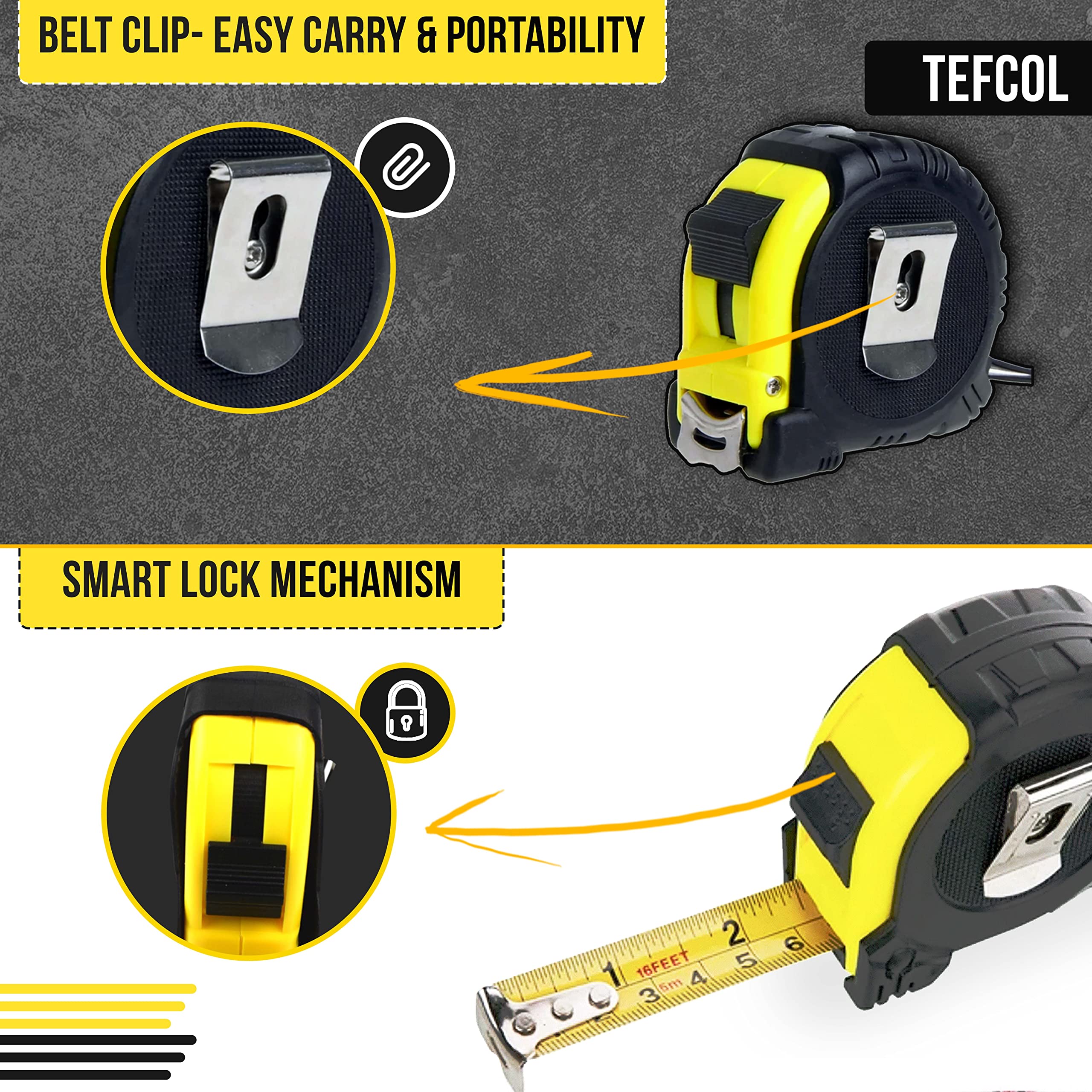 TEFCOL Retractable Tape Measure 5m 16Ft, Heavy Duty Nylon Coated Measuring Tape, Imperial and Metric Measurement with Metal Belt Clip (Black Yellow)