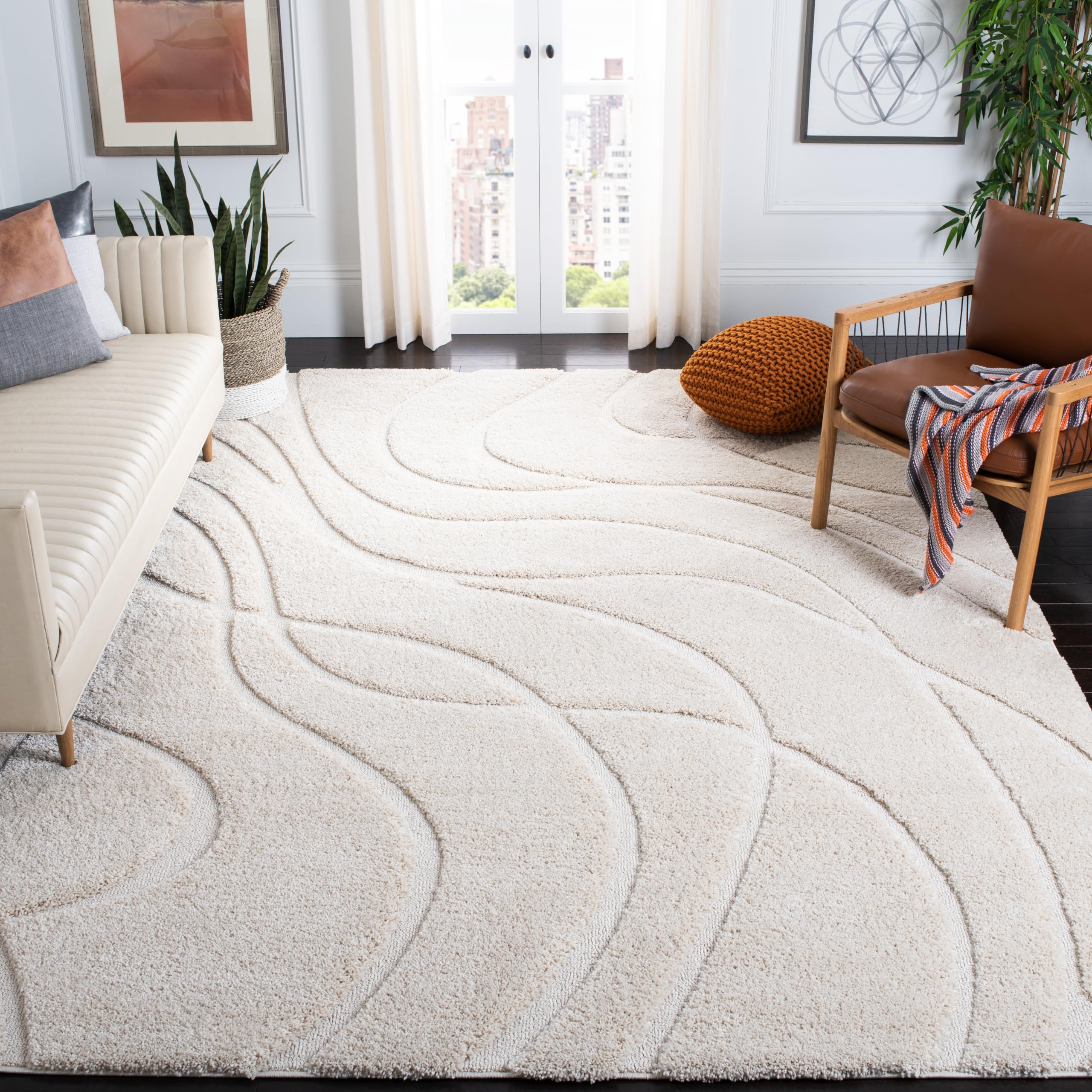 SAFAVIEH Florida Shag Collection Area Rug - 9'6" x 13', Creme & Creme, Non-Shedding & Easy Care, 1.2-inch Thick Ideal for High Traffic Areas in Living Room, Bedroom (SG471-1111) Image