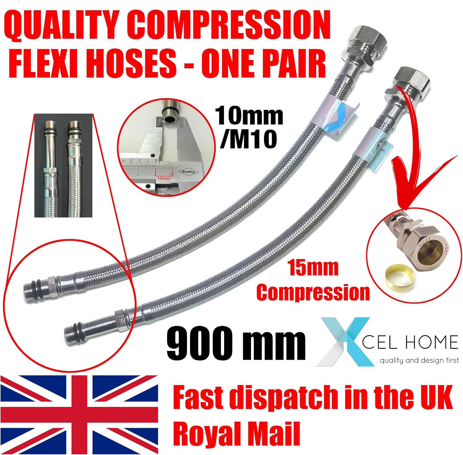 Xcel Home 2 x 900mm M10 x 15mm Compression Monobloc Tap Connectors, Silver - Image 3