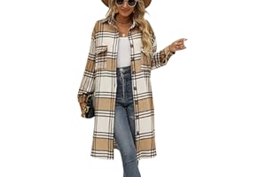 SeekMe Women's Long Plaid Shirt Jacket Shacket Lapel Button Down Woolen Blend Casual Tartan Over Shirt Trench Coat