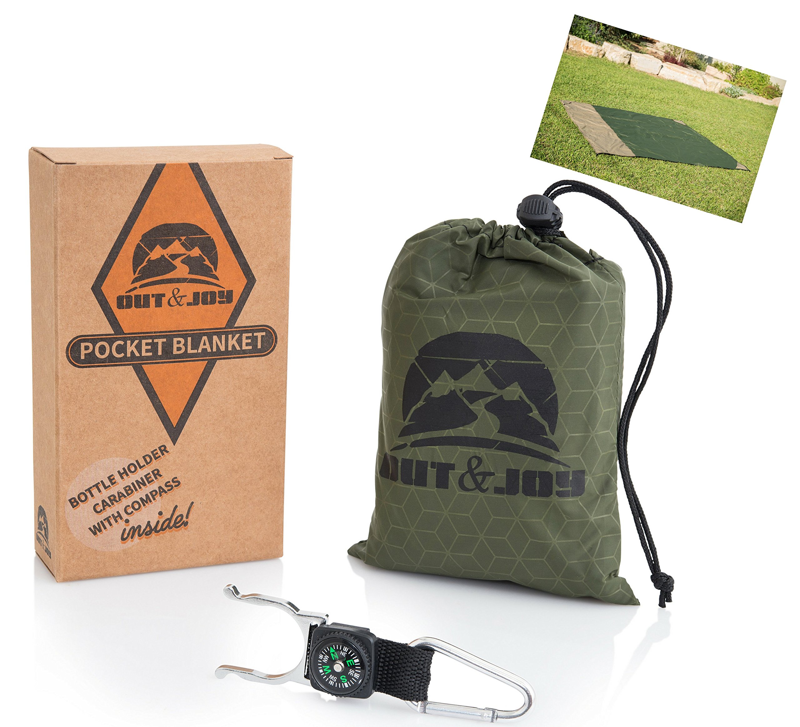 Ultra Portable Pocket Blanket – Waterproof Packable Blanket Perfect for Travel, the Beach, Camping, Picnics, Backpacking – Compact Blanket + FREE BONUS Bottle Holder Carabiner with Compass by Out&Joy