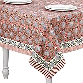 Newtay 60'' x 90'' Cotton Tablecloth Handmade Cotton Floral Tablecloth Washable Print Rectangle Table Cover with Dust Proof Wrinkle Resistant for Kitchen Dining Party Buffet (Pink,Dark Salmon)