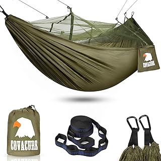 COVACURE Hängematte, Hängematte Outdoor mit Moskitonetz Ultra-Licht Atmungsaktiv, Schnell Trocknende Fallschirm Nylon Camping Hängematte für Trekking, Reise, Strand, Garten - 440lbs Kapazität