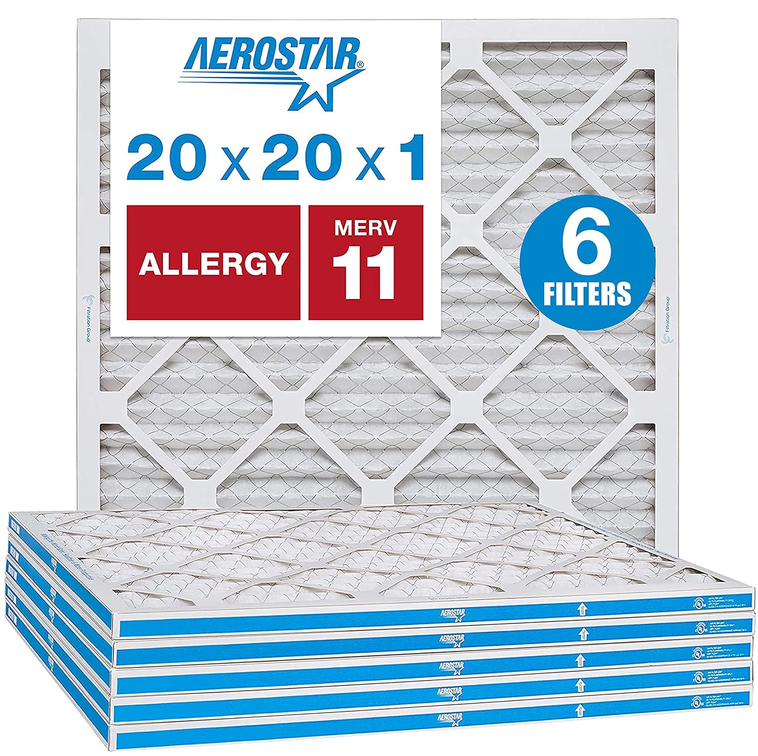 Aerostar Allergen & Pet Dander 20x20x1 MERV 11 Pleated Air Filter, Made in the USA, 6-Pack: Home Improvement