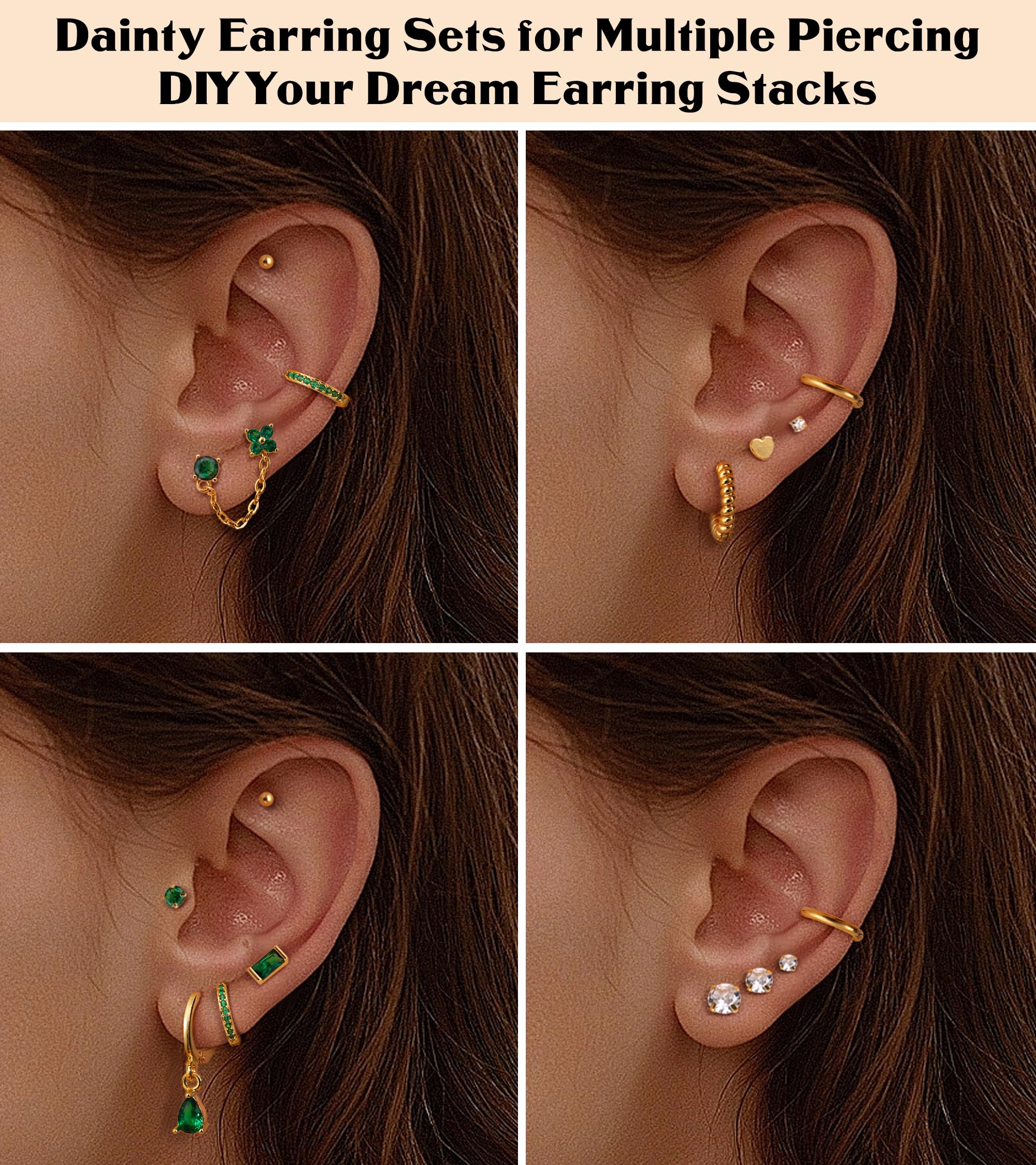 ADRAMATA Gold Flat Back Earrings for Women Hypoallergenic Surgical Steel Earrings for Sensitive Ears 20G Small Stainless Steel Flatback Stud Hoop Cartilage Earring Set for Multiple Piercing Helix/Tragus/Conch