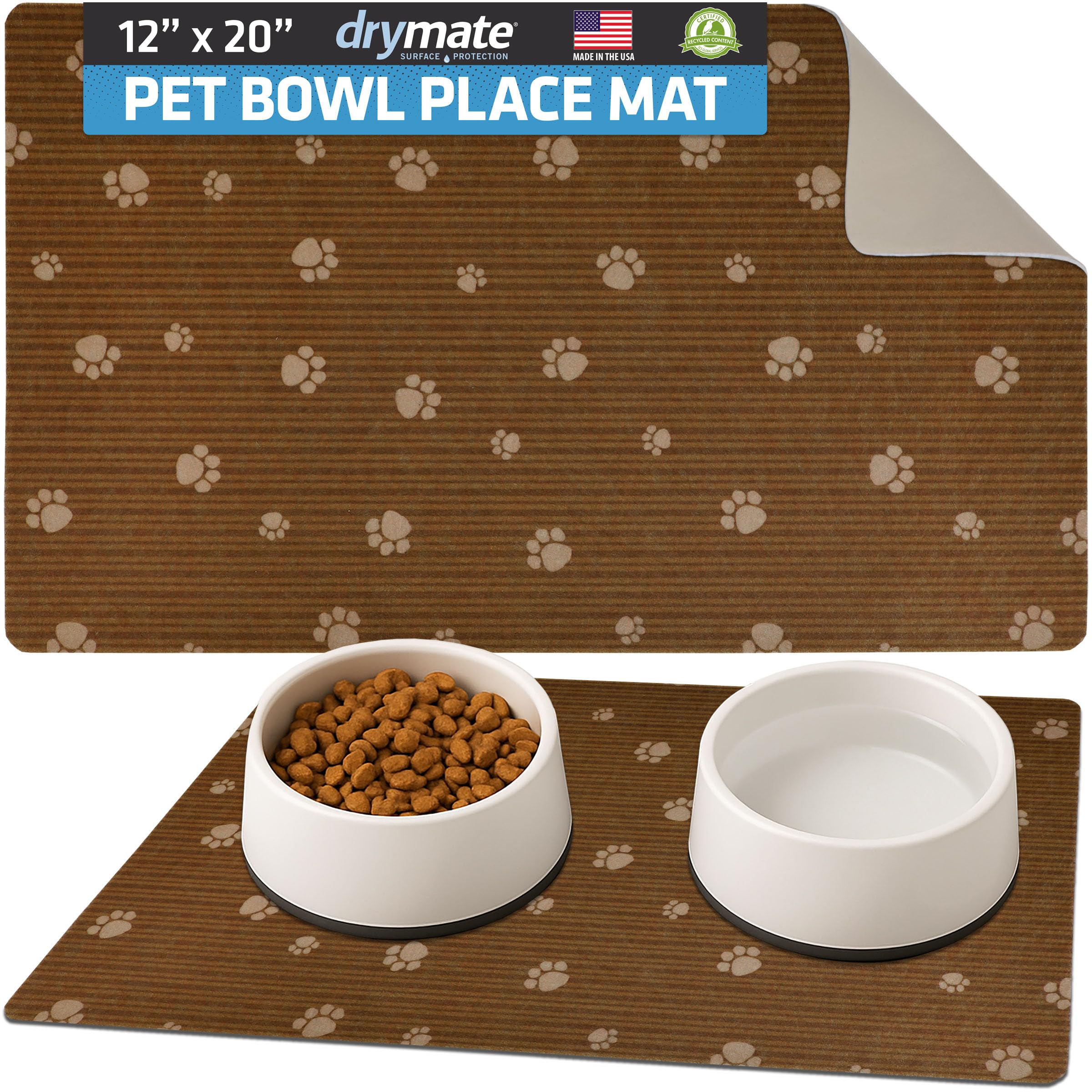 Drymate 12 by 20-Inch Pet Bowl with Small/Medium Place Mat in Paw Stripe Design, Brown/Tan