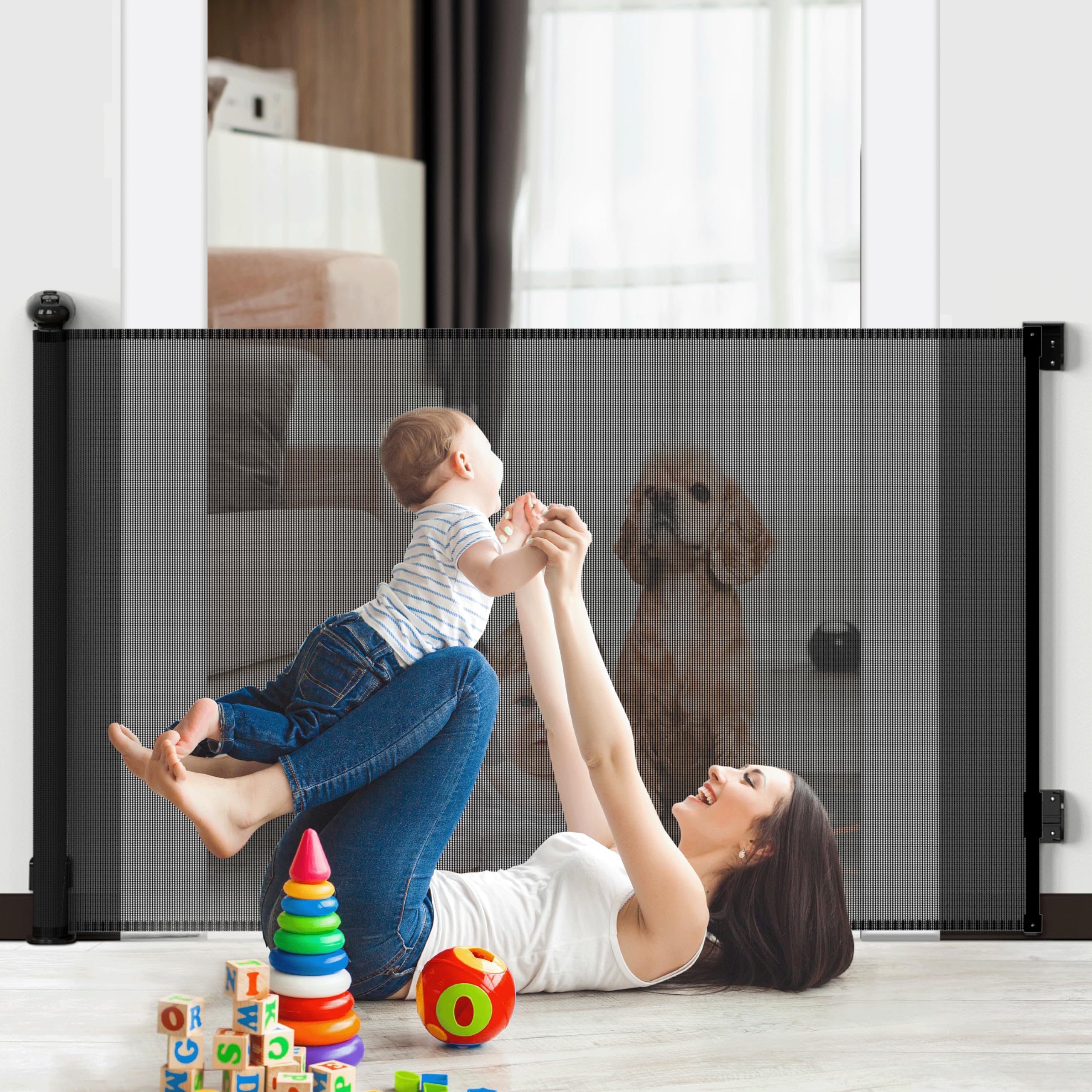 1st Deer Retractable Child Gate Extends up to 140cm/ 55”, One-Hand Operation Baby Gate for Doorways, Stairways & Hallways, Indoor & Outdoor, Door & Stair Gate for Baby, Dogs & Cats, Black