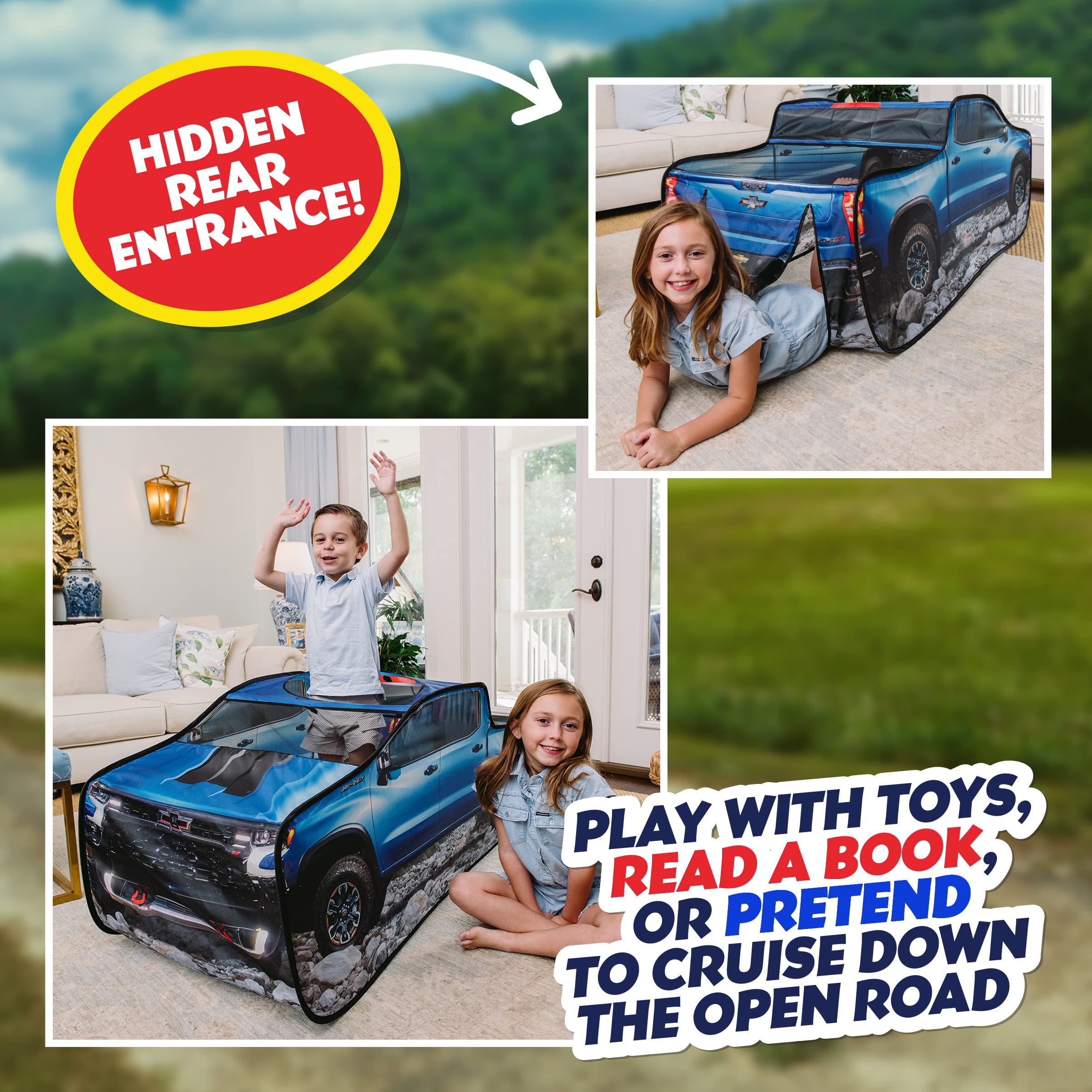 Chevy Silverado Pop Up Tent, Large Off-Road Pickup Truck Play Tent for Kids, Indoor and Outdoor Birthday Gift Boy, Blue