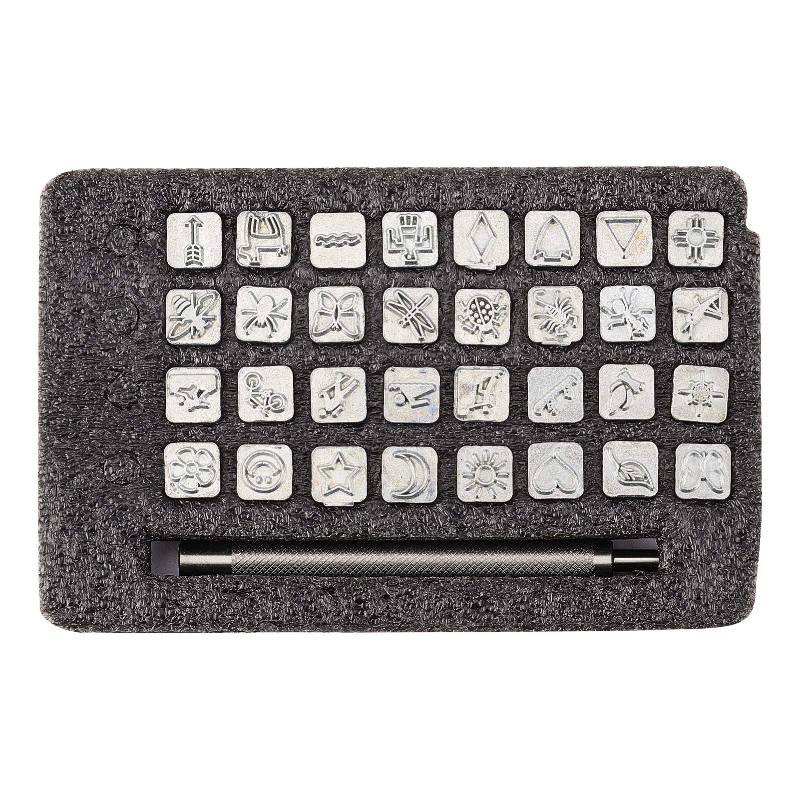 PH PandaHall 32 pcs Stainless Steel Leathercraft Metal Insect Theme Stamps Punch Set Tool with 1 pc Handle for Leather Craft Belt Bag Craft DIY Jewelry Marking