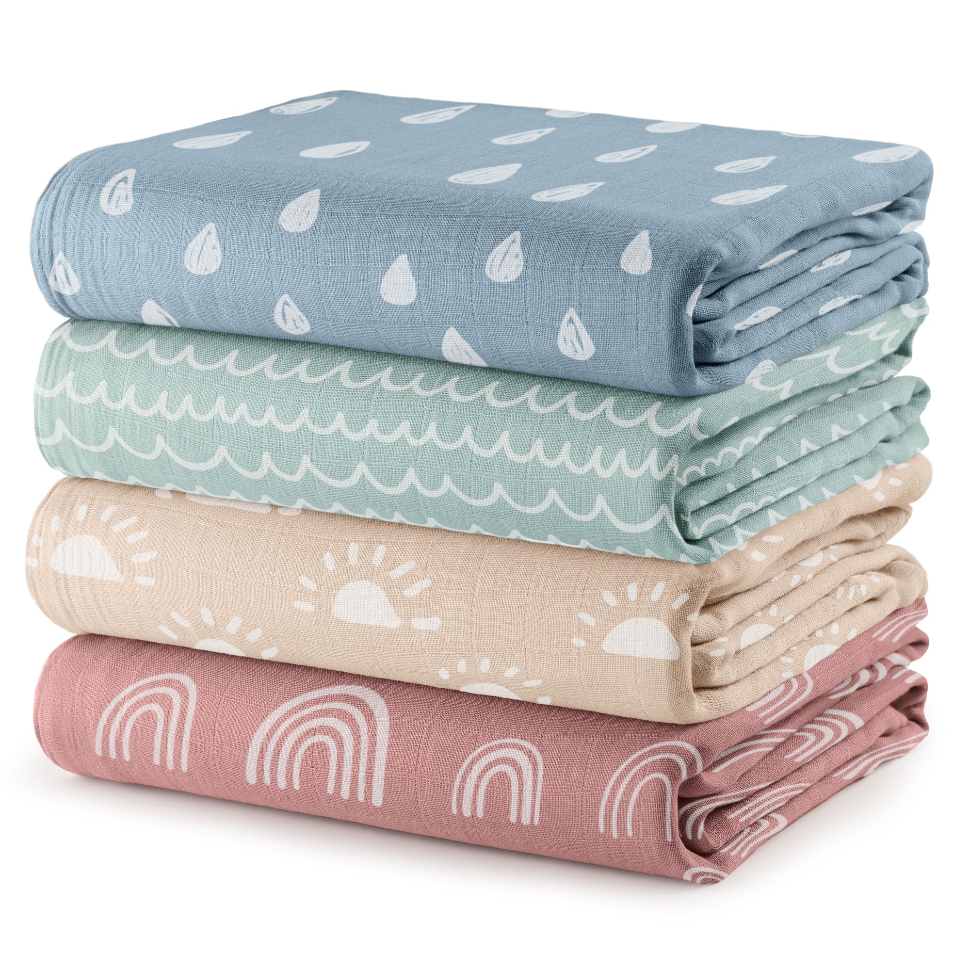 Comfy Cubs Muslin Swaddle Blankets Pack of 4-119 x 119 cm, Soft Cotton Baby Blanket Set, Large Swaddling Wraps for Newborns - Self-Soothing Baby Swaddle - Sun, Rainbow, Rain, Doodle
