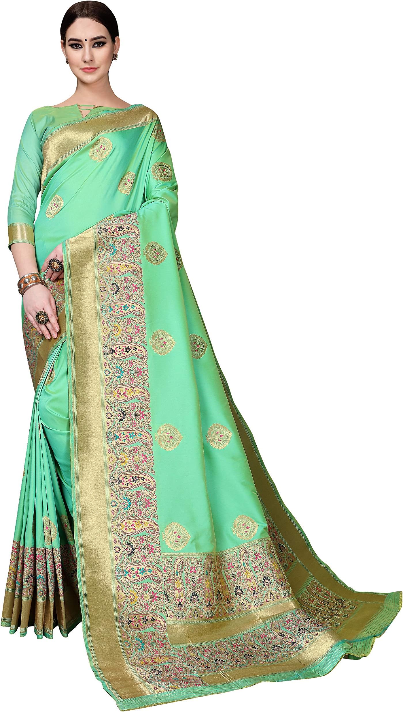 SORU FASHION Women's Kanjivaram Pure Silk Saree With Blouse Piece (Cott-744_Light Green)