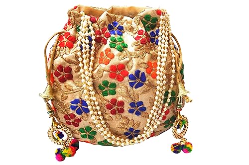 Chipbeys Ethnic Silk Clutch Potli Batwa Pouch Bag with Embroidery and Metal Bead work Gift For Women pearl chain handle