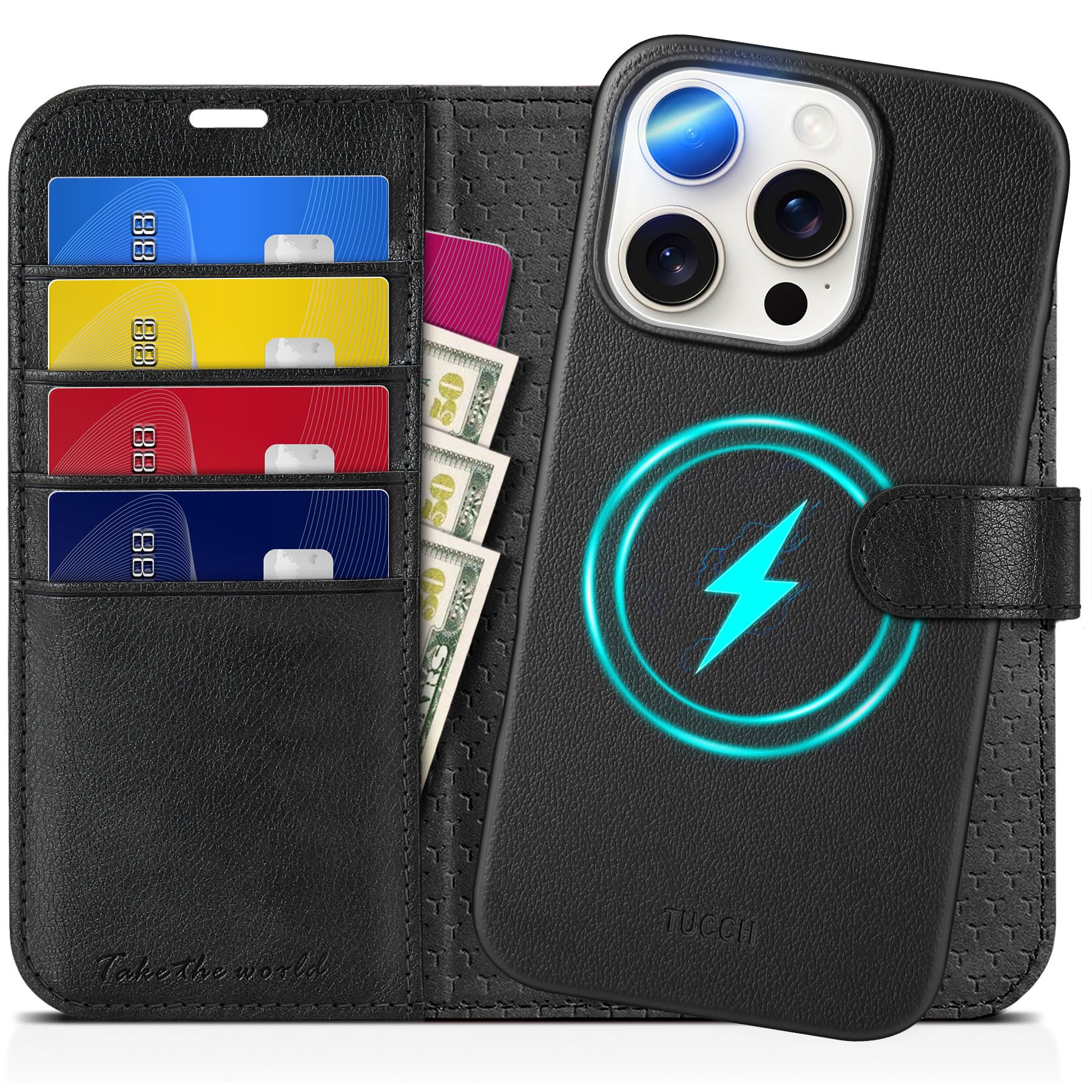TUCCH Case for iPhone 16 Pro (6.3") 2024, 2 in 1[Detachable]Wallet Case with[RFID Blocking][Wireless Charging][Card Holder][Kickstand]Shockproof Magnetic PU Leather Removable Case, Full Textured Black