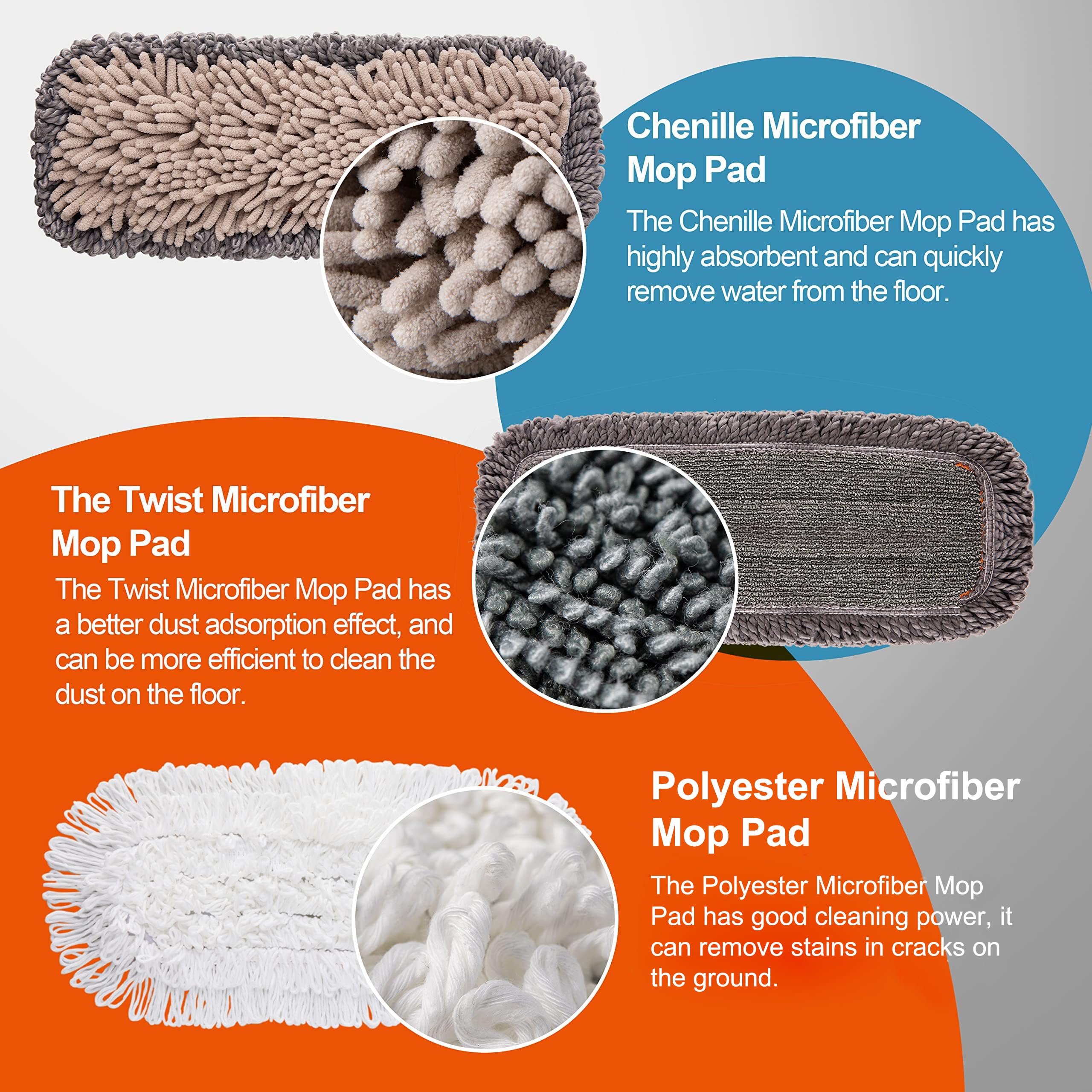 Mops for Floor Cleaning with 3 Different Washable Pads and Extendable 55” Long Handle, Multifunction Dust Mop for Hardwood,Marble,Tile Floor Mopping,Orange