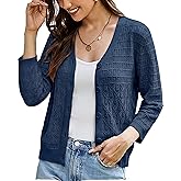 GRACE KARIN Women Lightweigt Crochet Knit Cardigan, 3/4 Sleeve Cropped Shrugs, Spring Button Down Sweaters Tops