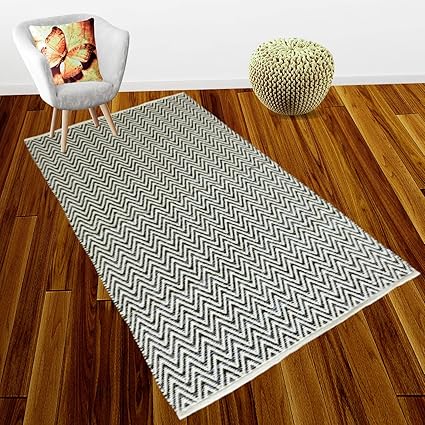 Promotional Offer-Avioni Handloom Cotton Designer Durries Gray & White-92 cm X 152 cm (3X5 Feet)