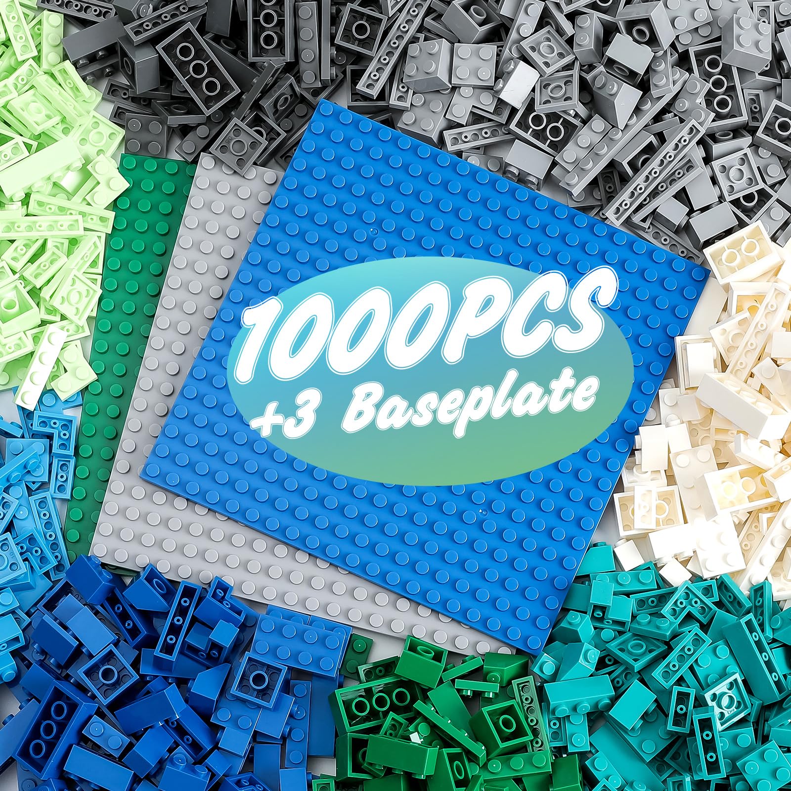 Photo 1 of 1000 Pieces Classic Building Bricks, Classic Stackable Base Plates, 3 6.3" x 6.3" Blue, Gray and Green Base Plates, Compatible with All Major Brands (Natural Colors)