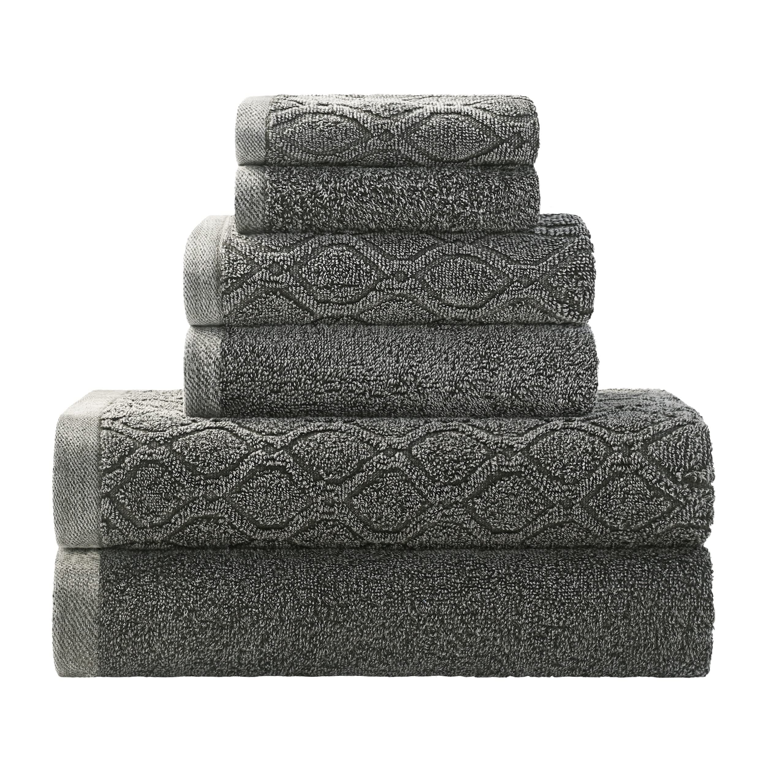 Superior Denim Wash 100% Cotton 550 GSM 6 Piece Bath Towel Set, 2 Face, 2 Hand, 2 Bath Towels, Ideal for Bathroom, Kitchen or Beach, Quick Dry, Jacquard & Solid, Mid-Weight, Grey