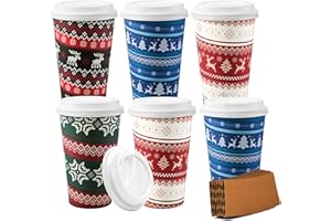 JOYIN 24 PCS Christmas Disposable Paper Cups, 16 oz Merry Christmas Party Cups With Sleeves and Lids, 4 Designs Xmas Drinkware Winter Drinkware, Tableware Holiday Party Supplies