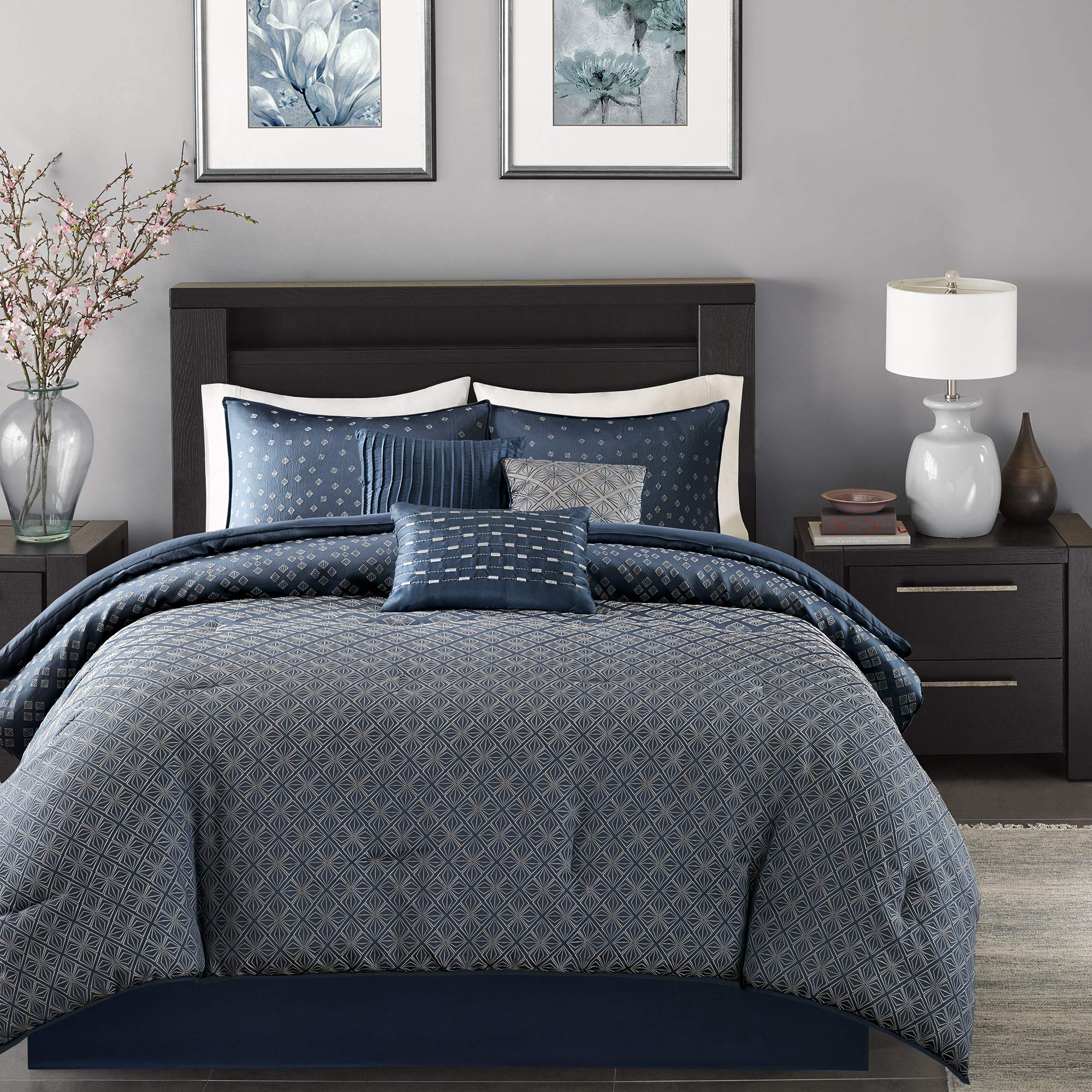Photo 1 of **STAIN ON PILLOW**
Madison Park Biloxi Jacquard Comforter Set - Modern Geometric Design, All Season Down Alternative Cozy Bedding with Matching, Shams, Decorative Pillow, King(104"x92"), Ombre Navy 7 Piece