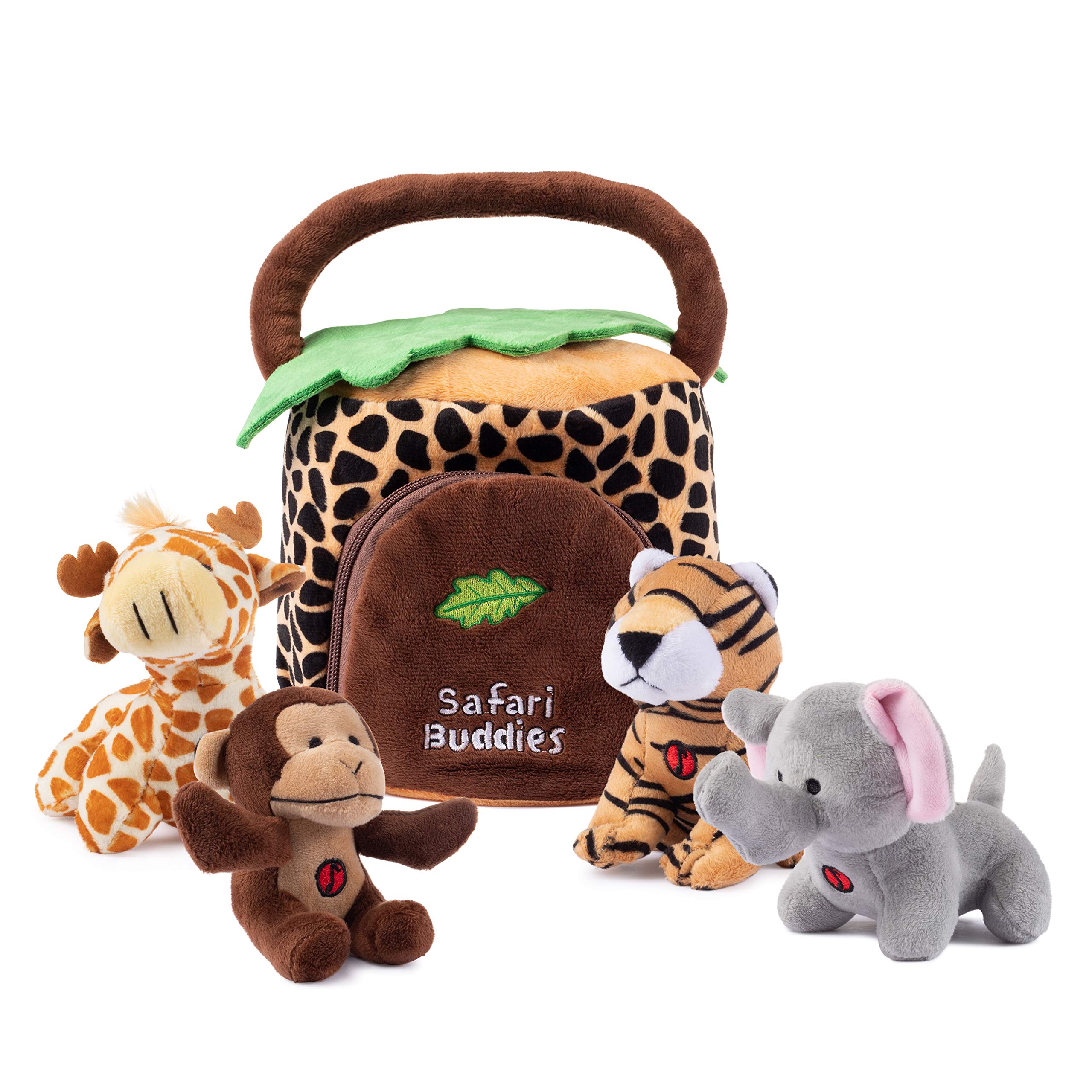 Plush Creations Talking Jungle Animals Toy Set (5 Pcs) Baby Stuffed Animal Set Includes Elephant, Monkey, Giraffe, Tiger Carrier/Organizer