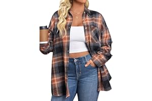 IN'VOLAND Womens Plus Size Flannel Plaid Shirts Long Sleeve Casual Collared Button Down Shirt Loose Blouse Top
