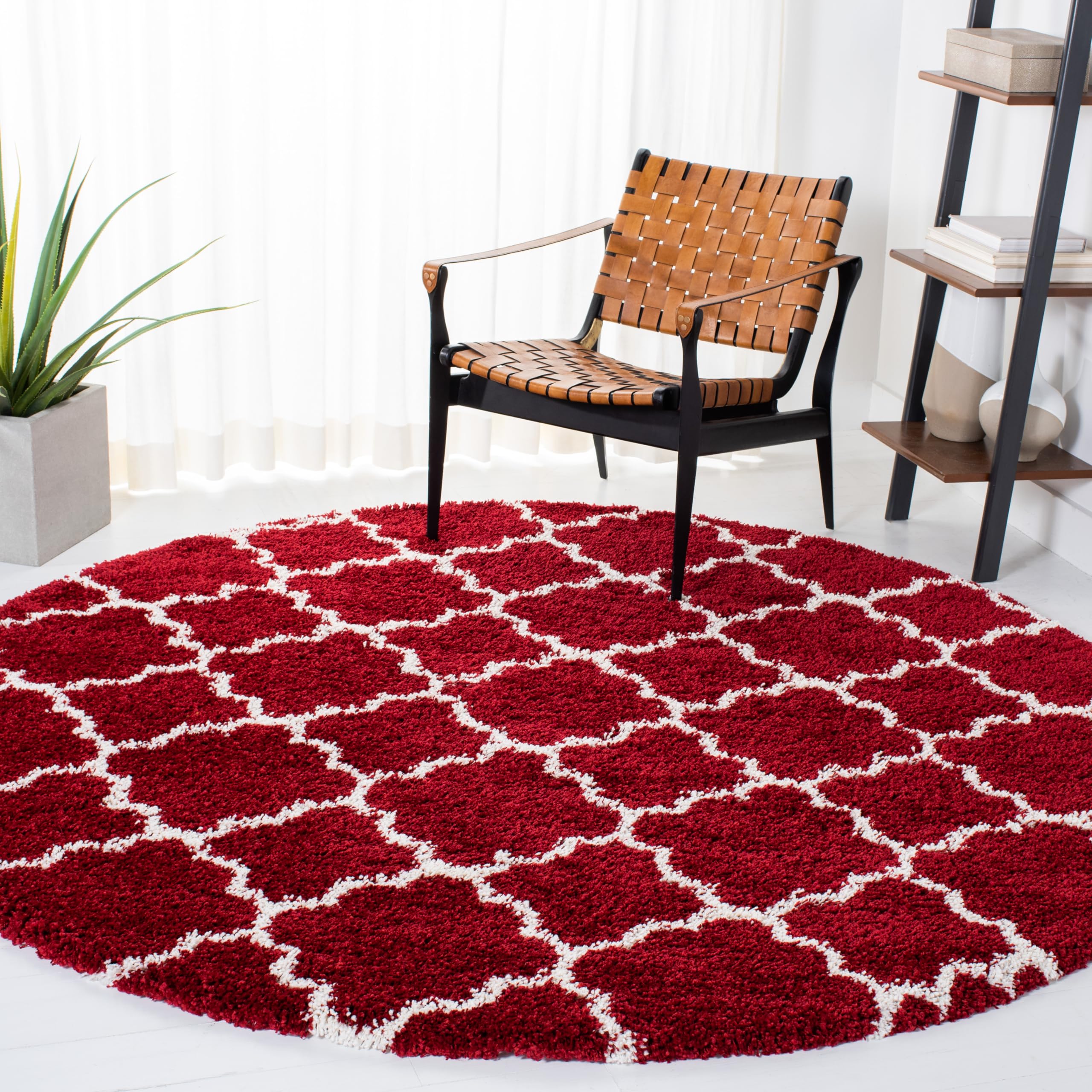 SAFAVIEH Hudson Shag Collection 7' Round Red/Ivory SGH282Q Moroccan Trellis Non-Shedding 2-inch Thick Entryway Foyer Living Room Bedroom Kitchen Area Rug Image