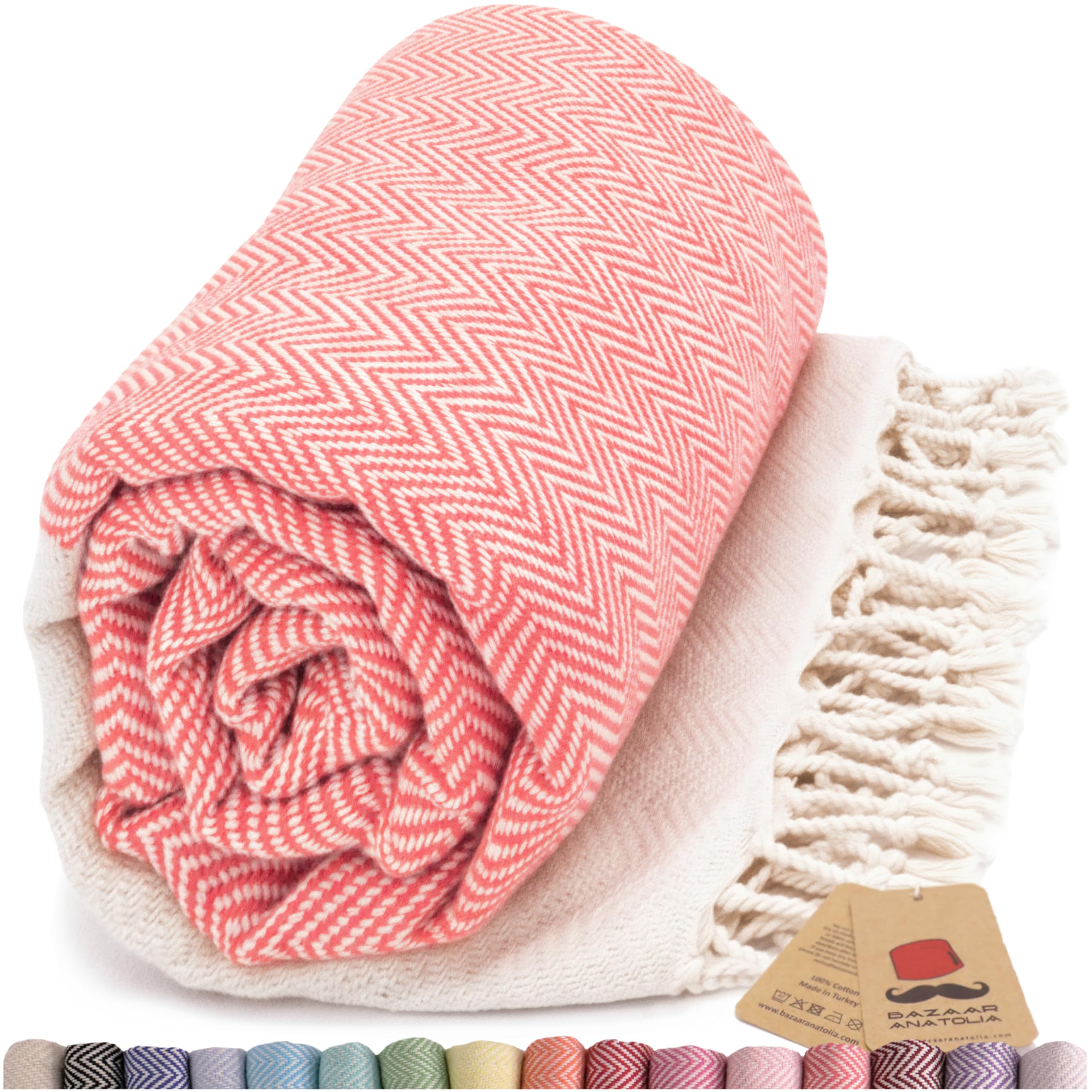 Bazaar Anatolia Turkish Beach Towel 100% Cotton Bath Towels 71x39 Quick Dry Sand Free Lightweight Large Oversized Herringbone Peach Coral
