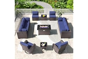 Kullavik 13PCS Outdoor Patio Furniture Set,PE Wicker Rattan Sectional Sofa Patio Conversation Sets with 43" 55000BTU Gas Propane Fire Pit Table,Swivel Rocking Chairs Set,Navy Blue