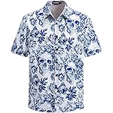 TIXMIE Men's Floral Skull Print Short Sleeve Button Down Shirt