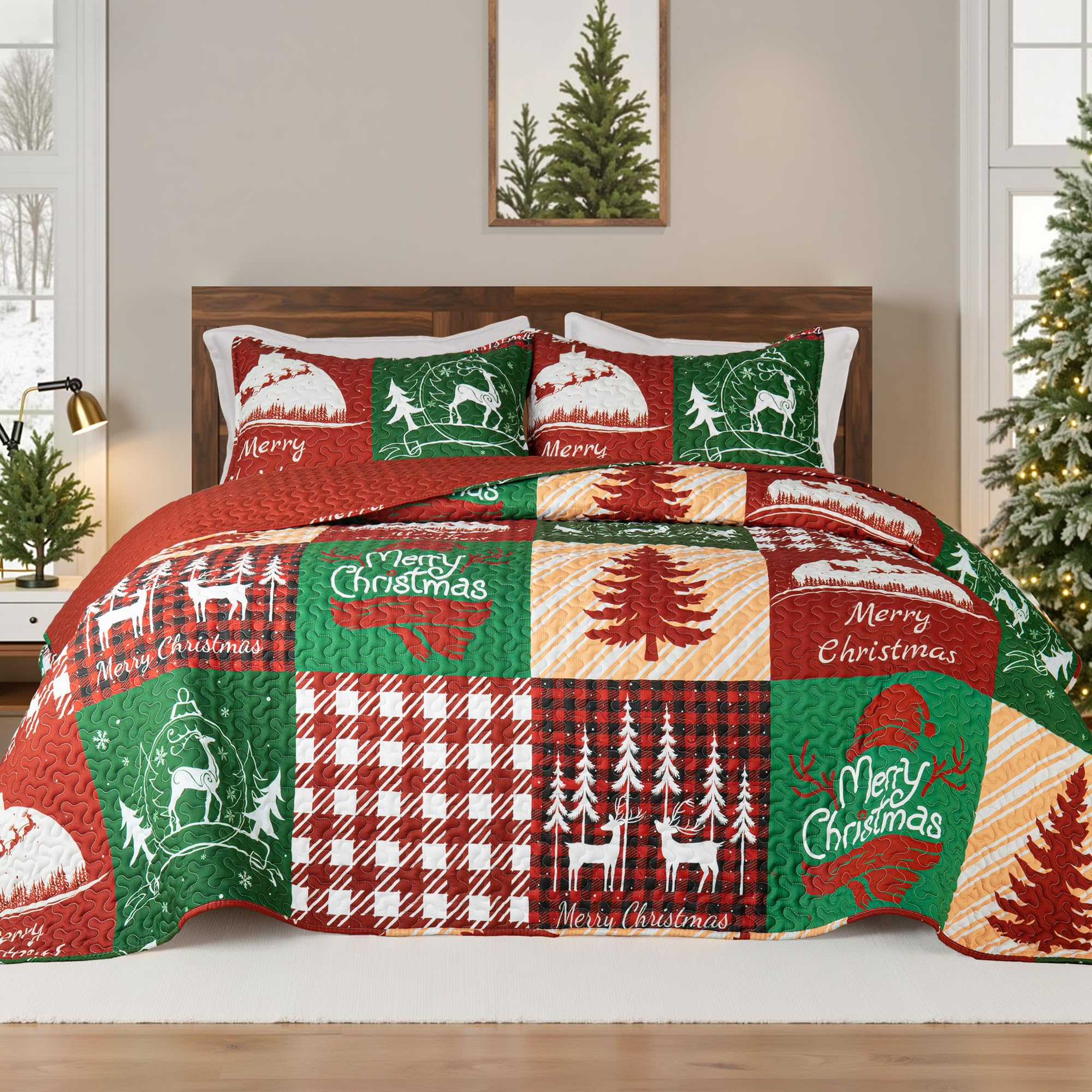 Whale Flotilla Patchwork Quilts Queen Size, Soft Boho Christmas Bedspreads for Bed Reversible Lightweight Full Queen Quilt Bedding Set Coverlets with 2 Pillow Shams for All Seasons, Happy Christmas Image