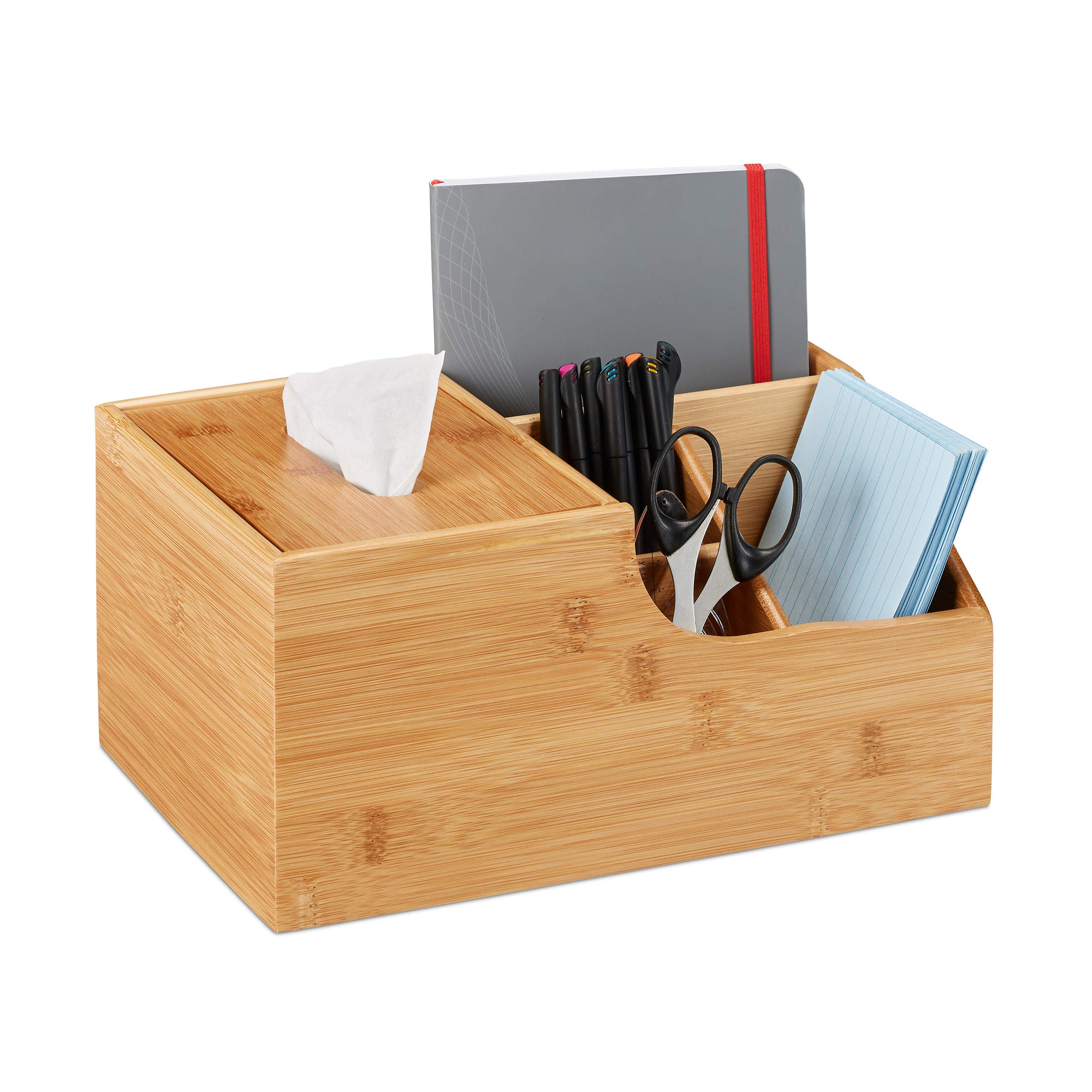 Relaxdays Office Organizer, Desk Supplies Or Make-Up, 4 Compartments & Tissue Dispenser Box, Bamboo, 14x29x19.5 cm, Natural