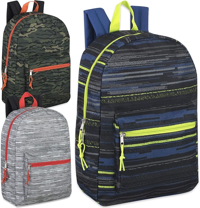 Printed Bulk 17-Pack Backpack with padded straps and outer zippered pocket