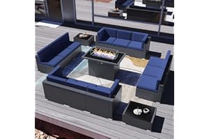 Vakollia 15 Pieces Patio Furniture Set with 44" Propane Gas Fire Pit Table, Outdoor Sectional Wicker Conversation Sofa Sets with Coffee Table