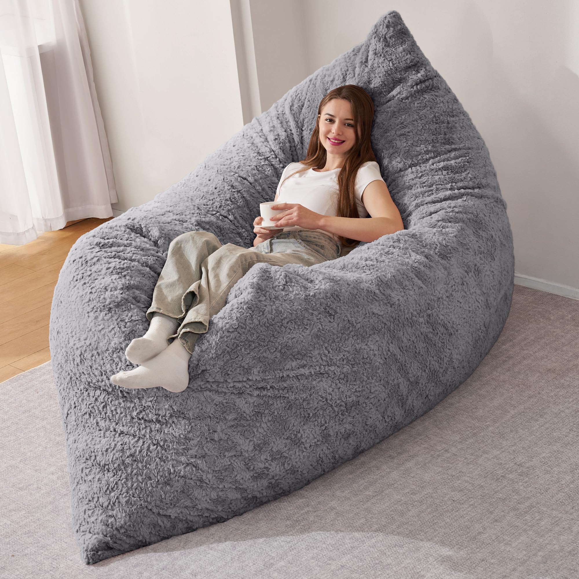 Photo 1 of HABUTWAY 4 in 1 Bean Bag Chair, Giant Memory Foam Filling Bean Bag Sofa, Adult Bean Bag Chair, Machine Washable Faux Fur Cover, Bean Bag for Adult (Light Grey)