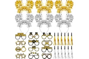 fiintrwa Happy New Year Headband Tiara Gold Silver Fringed Noise Makers and 2026 New Year Party Glasses Decoration Supplies
