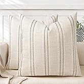AELS 26x26 Decorative Farmhouse Linen Blend Throw Pillow Covers, Boho Textured Pillow Case, Set of 2, Beige with White & Brown Stitch Yarn Dyed Stripe Cushion Cover for Sofa Living Room (Cover ONLY)