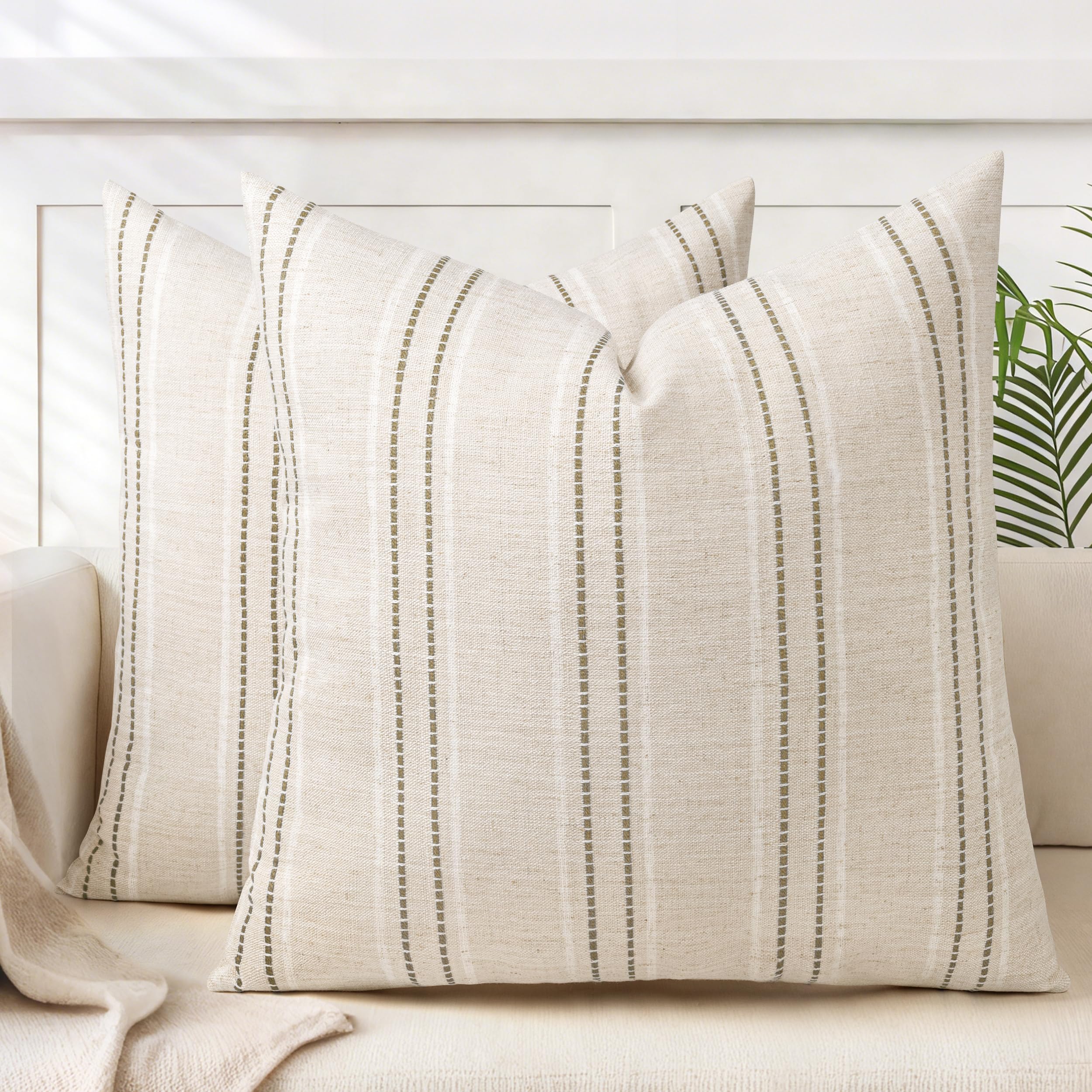 AELS 26x26 Decorative Farmhouse Linen Blend Throw Pillow Covers, Boho Textured Pillow Case, Set of 2, Beige with White & Brown Stitch Yarn Dyed Stripe Cushion Cover for Sofa Living Room (Cover ONLY)