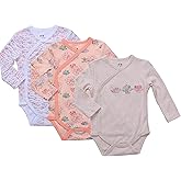 Baby Girl's 3-Pack Long-Sleeve Kimono Bodysuit Set -Side Snap Onesie Infant Bundle.