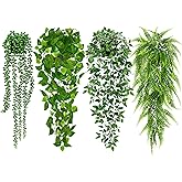 Palonu Artificial Hanging Plants for Shelf, 4 Pack Fake Potted Greenery Plant Faux Mandala Vine, String of Pearls, Ivy Vine,Persian Grass Fern in Pot for Desk Home Bathroom Farmhouse Room Table Decor