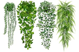 Palonu Artificial Hanging Plants for Shelf, 4 Pack Fake Potted Greenery Plant Faux Mandala Vine, String of Pearls, Ivy Vine,Persian Grass Fern in Pot for Desk Home Bathroom Farmhouse Room Table Decor