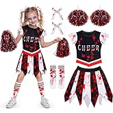 DISHIO Girls Halloween Costume, Zombie Cheerleader Costume for Girls | Zombie Cheerleader Outfit with Top, Skirt, Cheer Pom Poms, Hair Clips and Socks for Halloween Parties, Dress Up and Costumes