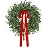 Fovths 24 Inch Christmas Wreath Large Real Touch Norfolk Pine Wreath with Bells Velet Ribbon Bows Faux Greenery Realistic Wreaths for Front Door Home DIY Wall Window Indoor Outdoor Holiday Decor