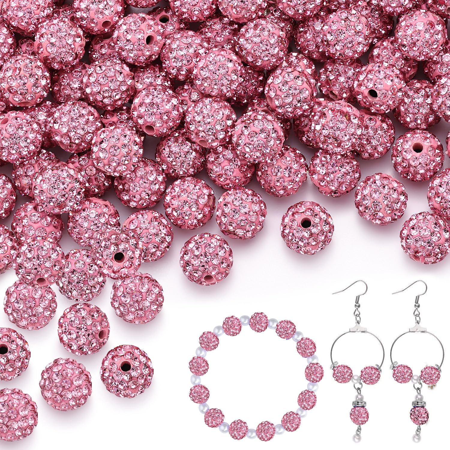 Photo 1 of 100 pcs 10mm Rhinestone Beads for Jewelry Making, Pink Shiny Round Shamballa Disco Beads Bulk, Sparkle Crystal Clay Christmas for Bracelet Baseball Necklace Earring Crafting and DIY