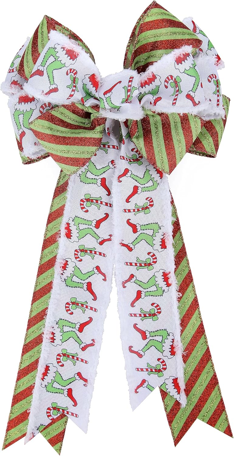 Bows & Ribbons - Meseey Large Red Green Gillter Stripes Christmas Bow 20x10 Inch Candy Elf Leg Ribbon With Snowdrift Wreath Bows for Outside Tree Topper Bow Garland Home Indoor Outdoor Party Decor(Christmas)