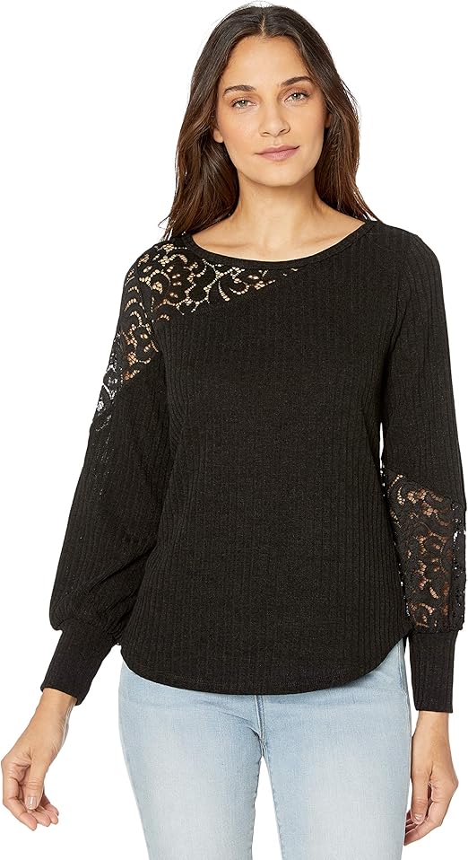 Democracy Women's Long Sleeve Mixed Media Top Shirt, Black, Small