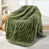 Exclusivo Mezcla Fleece Throw Blanket for Couch, Super Soft Striped Jacquard Bed Blanket, Lightweight Fuzzy Cozy for All Seasons, 50x60 Inches, Olive Green