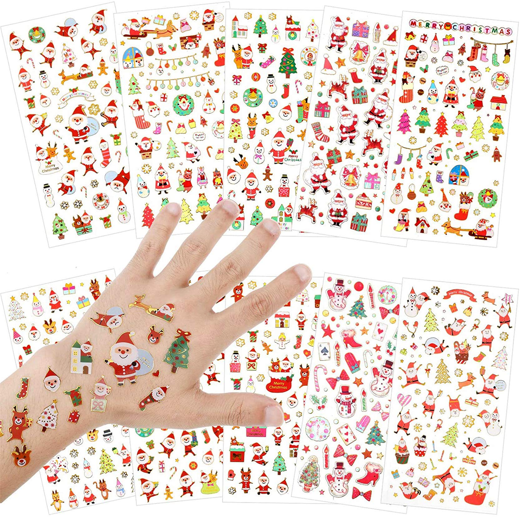 Christmas Stickers, KY-Tech 10 Sheets Christmas Glitter Decals Stickers Snowman, Reindeer, Tree, Bear, Santa Claus Xmas Stickers for Card Making Craft Card Xmas Decorations
