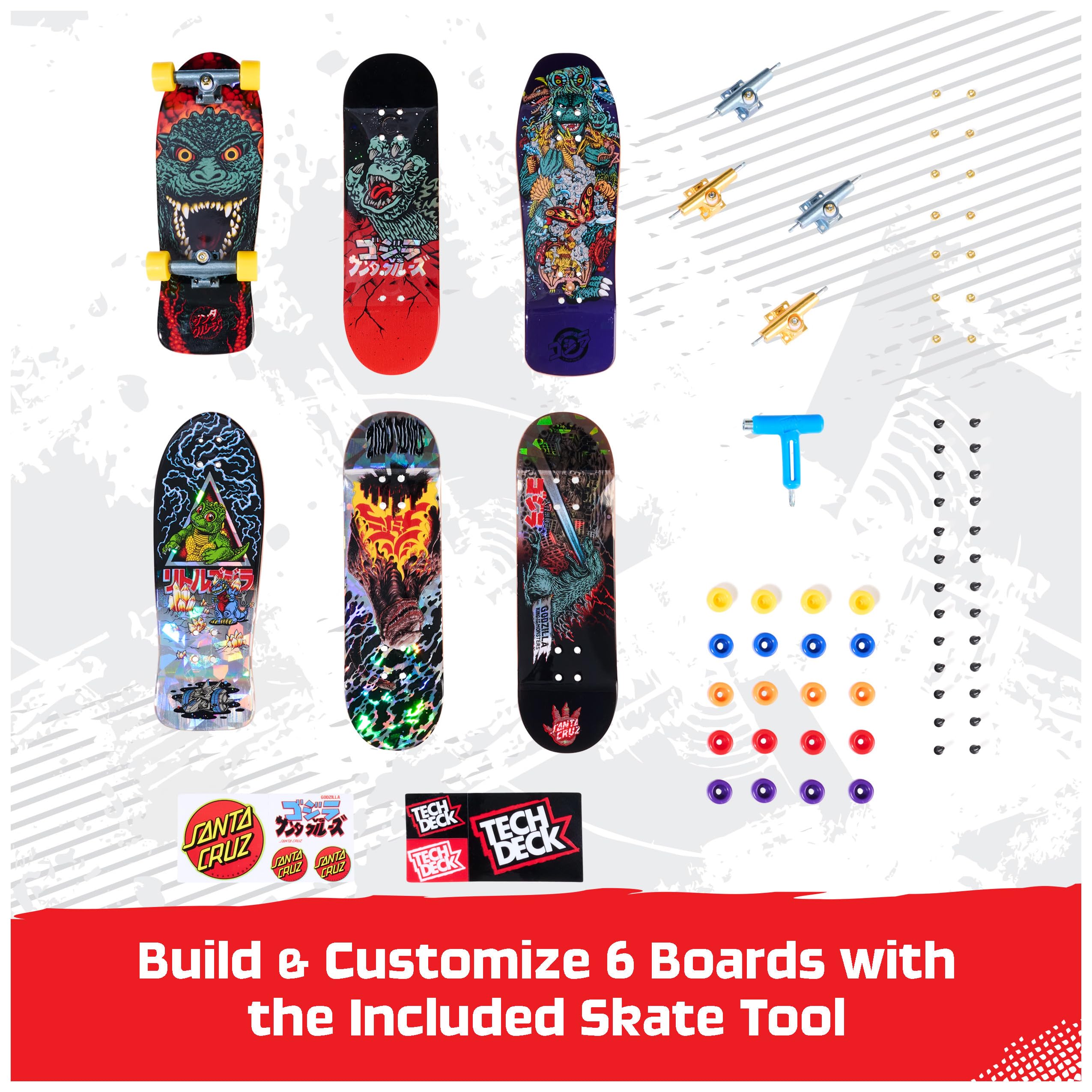 TECH DECK Godzilla Sk8shop Fingerboard Bonus Pack, Collectible and Customizable Mini Skateboards, Kids Toys for Ages 6 and up