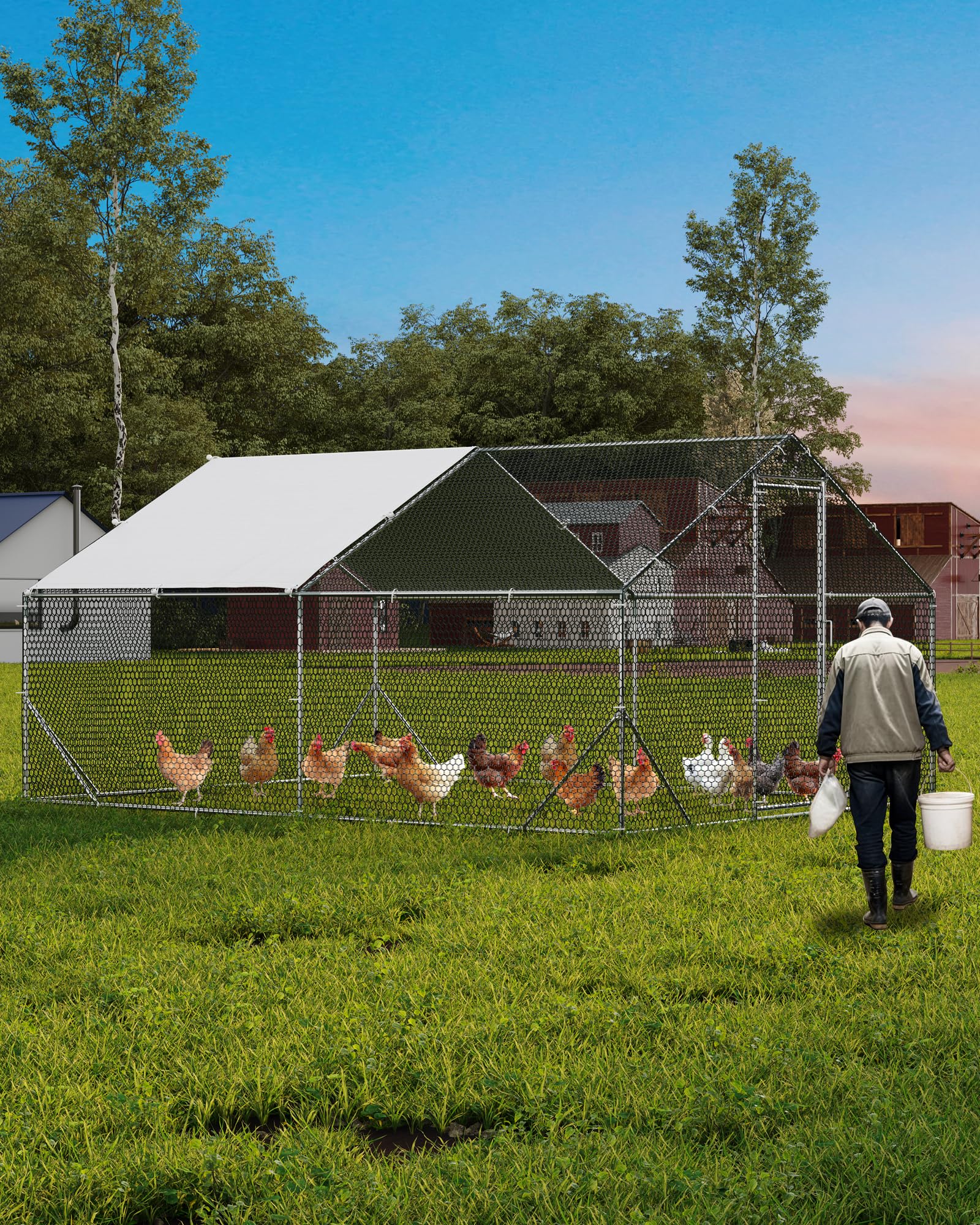 Photo 1 of GarveeLife Large Metal Chicken Coop, Chicken Run for 10/20 Chickens, Outdoor Walk in Poultry Cage with Anti-UV Cover and Waterproof, 13.12 x 9.84 x 6.56 Ft